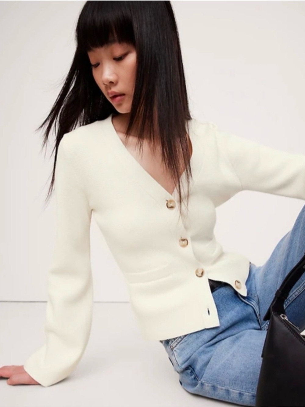 Banana Republic Off-White LARKSPUR COTTON-SILK FLARE-SLEEVE CARDIGAN - Size S